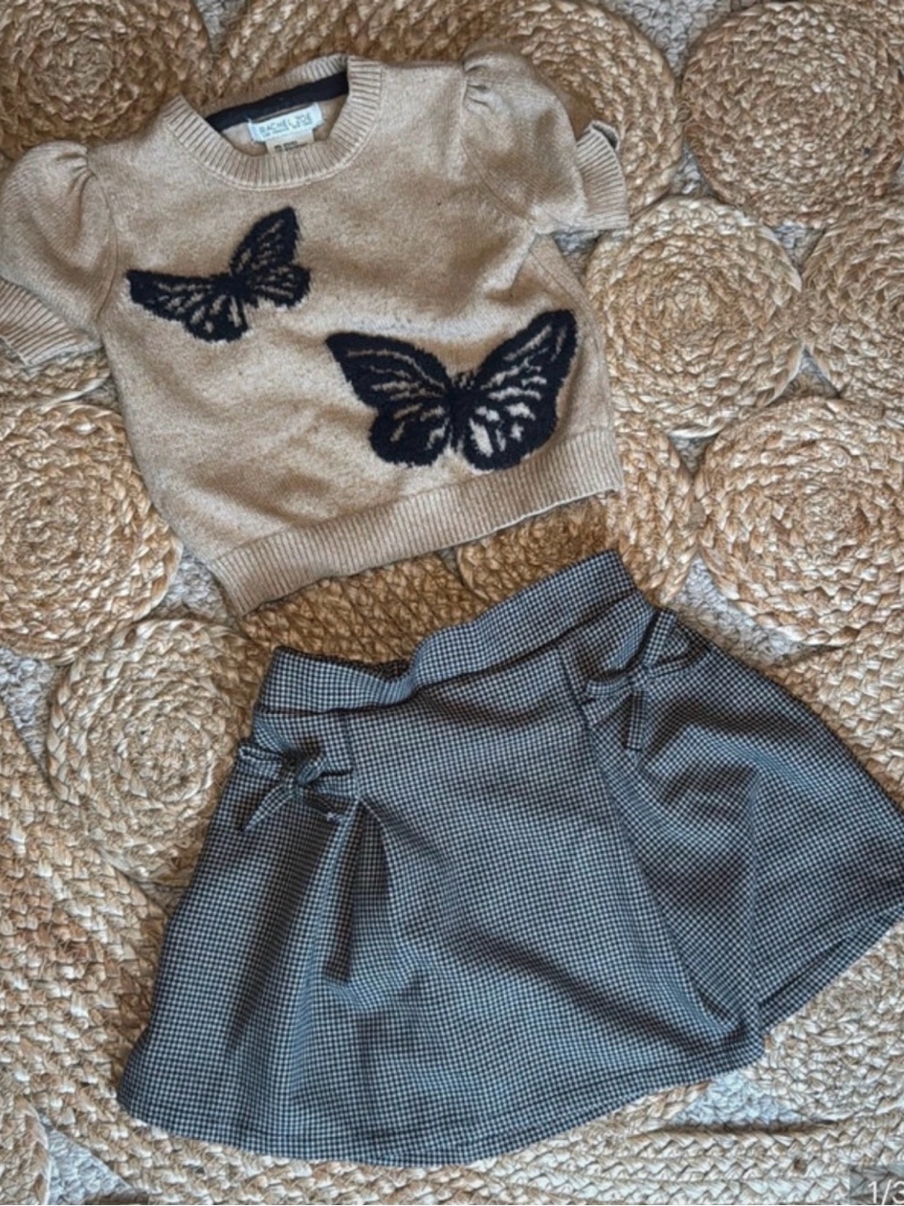 Chic Girls' Tan Butterfly Sweater & Black-Gray Check Skirt Set